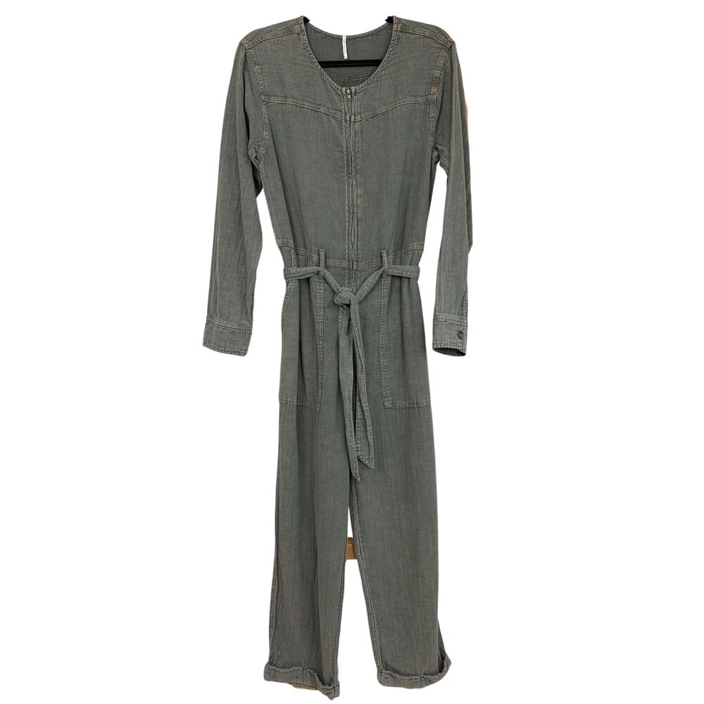 New Hello Nite Medium Green Gray Cotton Long Sleeve Zip Up Belted Jumpsuit